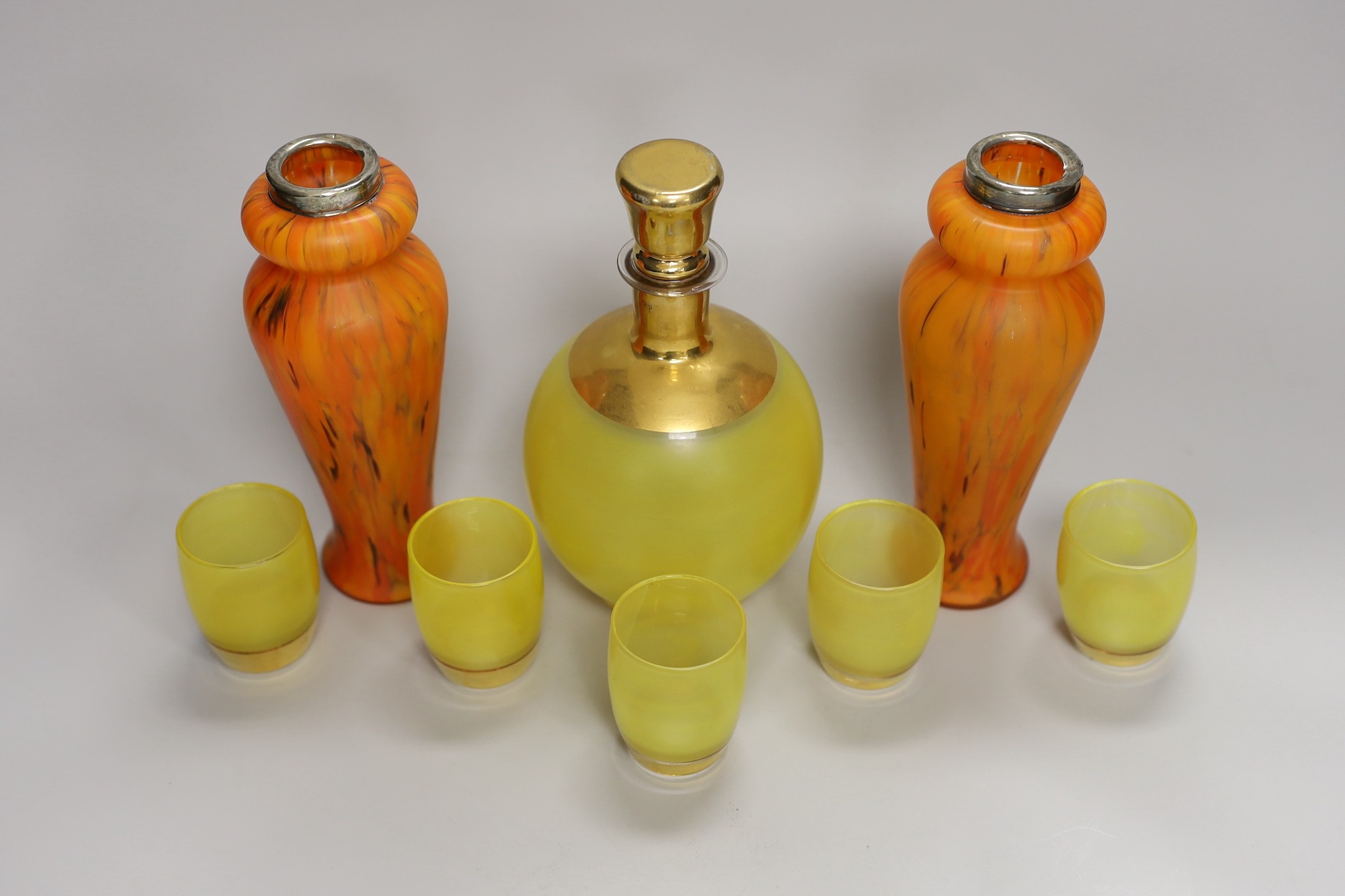 A mixed lot of various glass wares to include a hanging light shade, a pair of silver mounted vases and a liqueur set